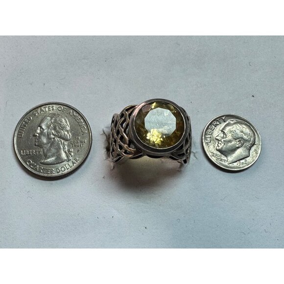 Estate Sterling Silver 925 Celtic Wide Band Ring w/ Yellow Gemstone, Size 8 - Picture 6 of 8